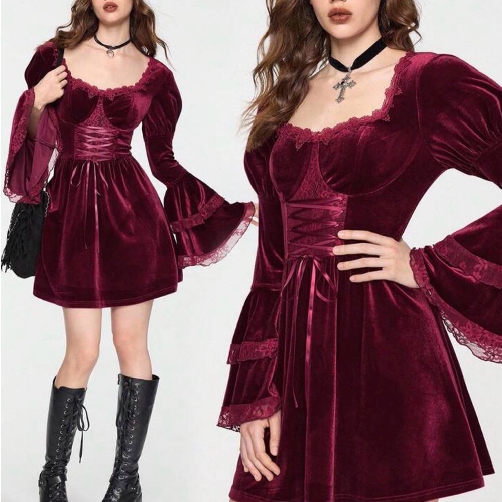 Velvet Lace-Up Dress with Lace Details - Picture 16 of 17